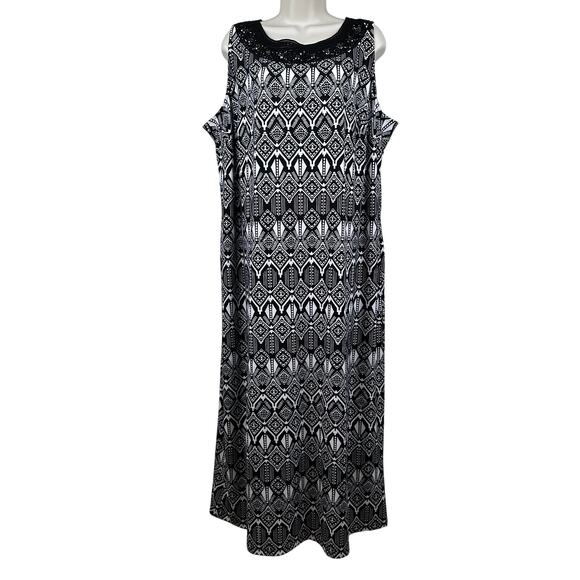 Catherines Maxi Dress Sleeveless Crochet Collar Abstract Print Black White 1XWP - Picture 1 of 8